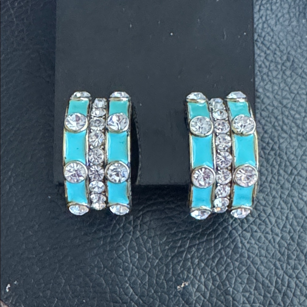 Heidi Daus Turquoise Enamel & Rhinestone Clip on Earrings